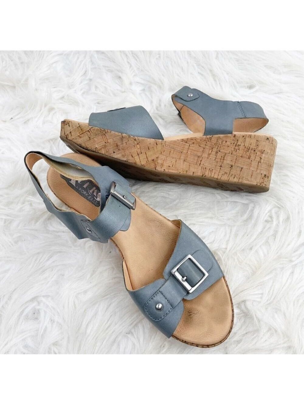 Kork-Ease Blue Leather Platform Wedge Sandals